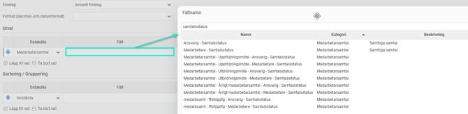 Bilden visar fasta och dynamiska fält i listan av fältnman i kolumnen Fält i rapportgeneratorns urval.