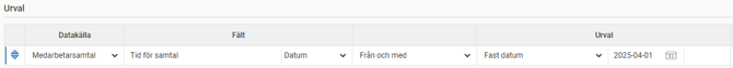 Bilden visar hur du gör urval i rapprtgeneratorn på medarbetarsamtal, tid för samtal och datum