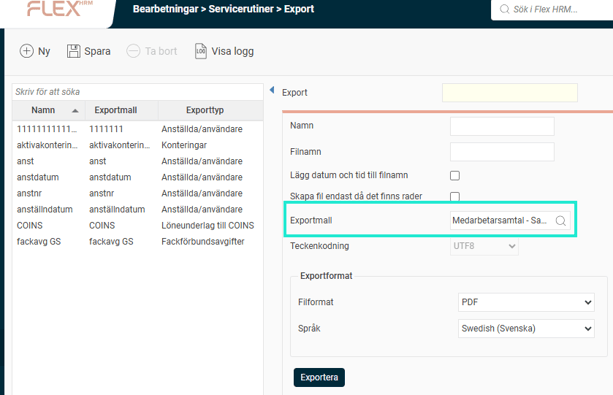 Bilden visar inställningarna för export och hatt man kan välja den skapade rapportmallen som exportmall.