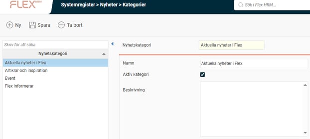 Bilden visar inställningar för nyhetskategorier där man kan ange namn samt om kategorin ska vara aktiv eller ej.