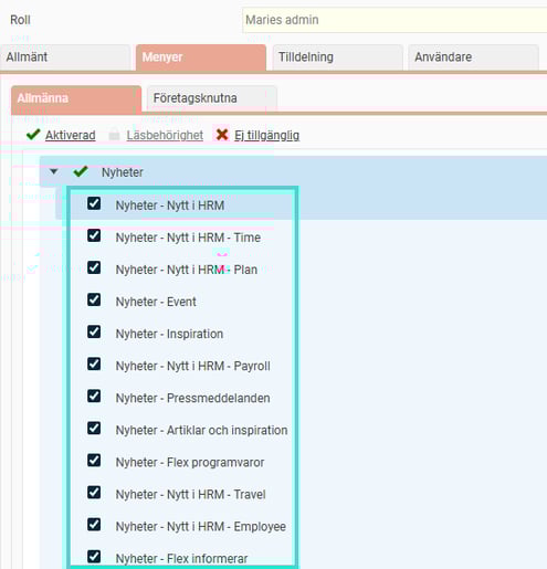 Bilden visar behörighetsinställningar för nyheter för en roll.