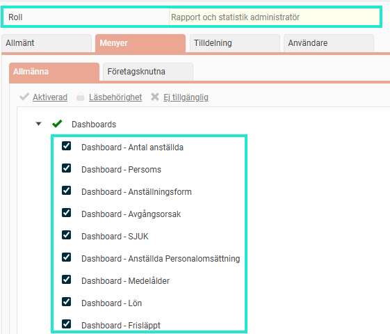 Bilden visar behörighetsinställningen för dashboards för en roll.