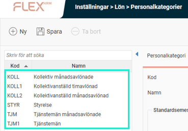 Bilden visar listan av personalkategorier i Flex HRM.