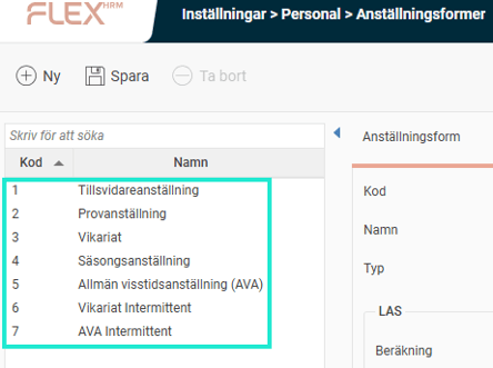 Bilden visar listan över anställningsformer i Flex HRM.