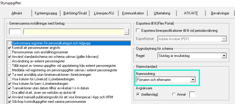 Rapporten visar styruppgiftsinställningarna i Flex Classic där namnstandarden är satt till "Förnamn och efternamn".