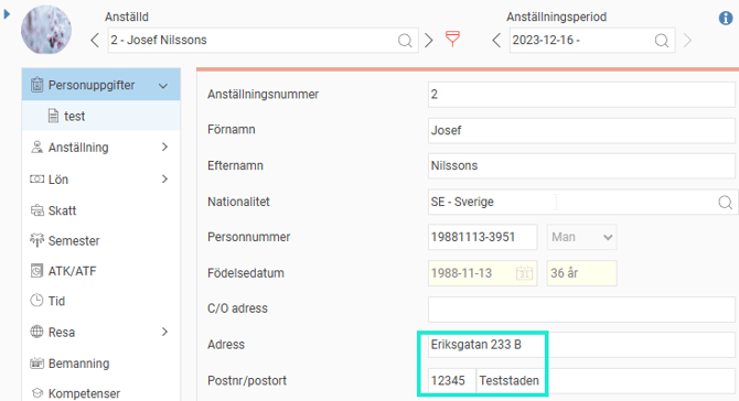 Bilden visar en anställds adressuppgifter i Flex HRM.