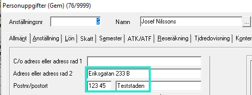 Bilden visar en anställds adressuppgifter i Flex Classic.
