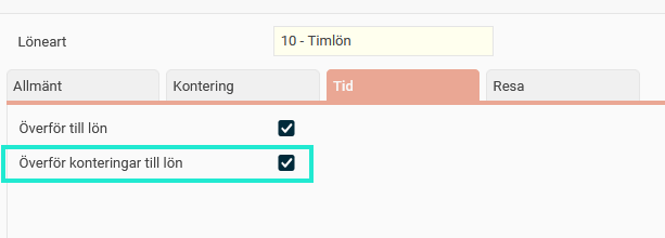 Lönearter, fliken Tid. Inställning “Överför konteringar till lön”.