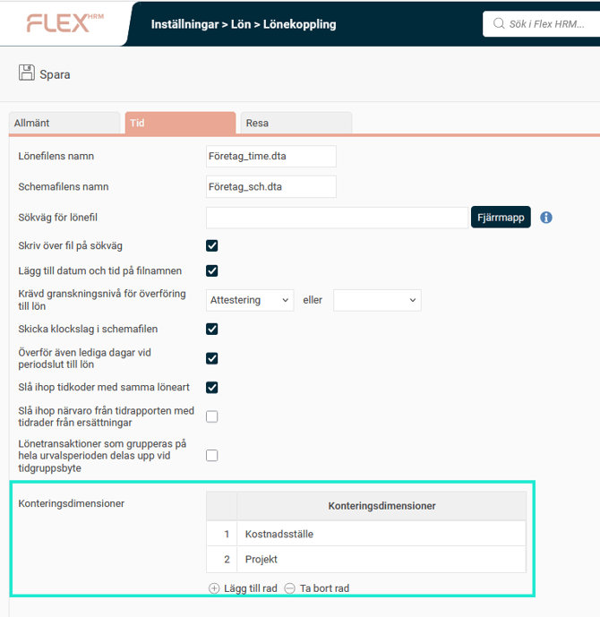 Lönekoppling, fliken Tid. Kostnadsställe och projekt är inställda på att överföras till lön.